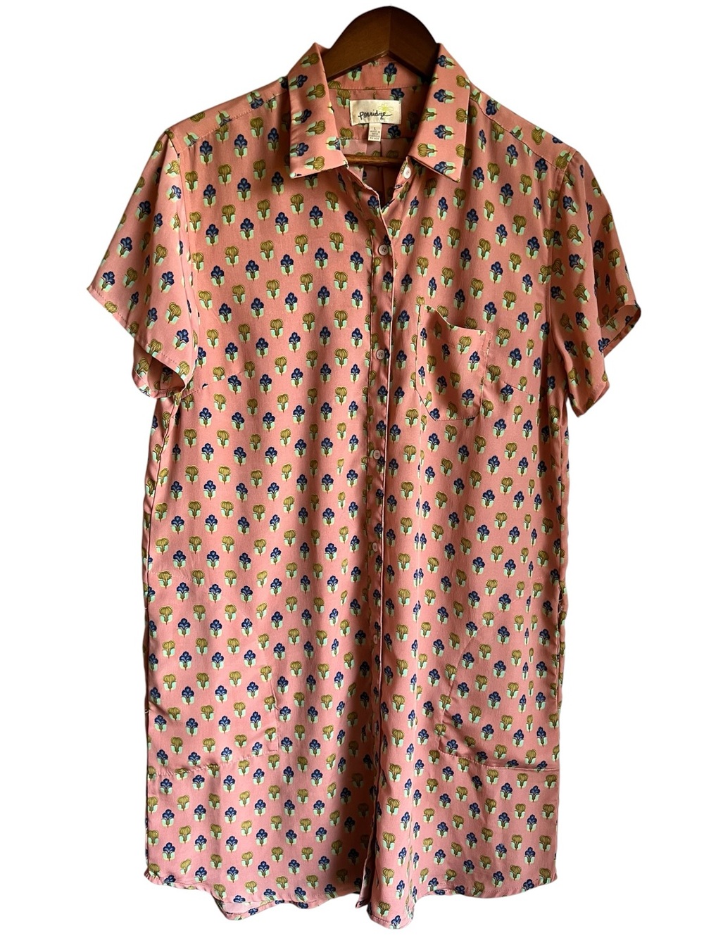 Porridge Anthropologie Pink Floral Print Shirt Dress Button Front Short Sleeve L